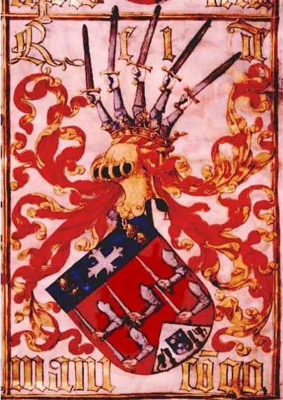 Painted coat of arms: a red shield crossed by armoured arms holding swords, a blue band at the top with a silver cross and gold scallop shells, a small blue-and-white shield in one corner, a crowned helmet and a crest of five raised arms with swords, with the words Rei de Manicongo in gothic letters.
