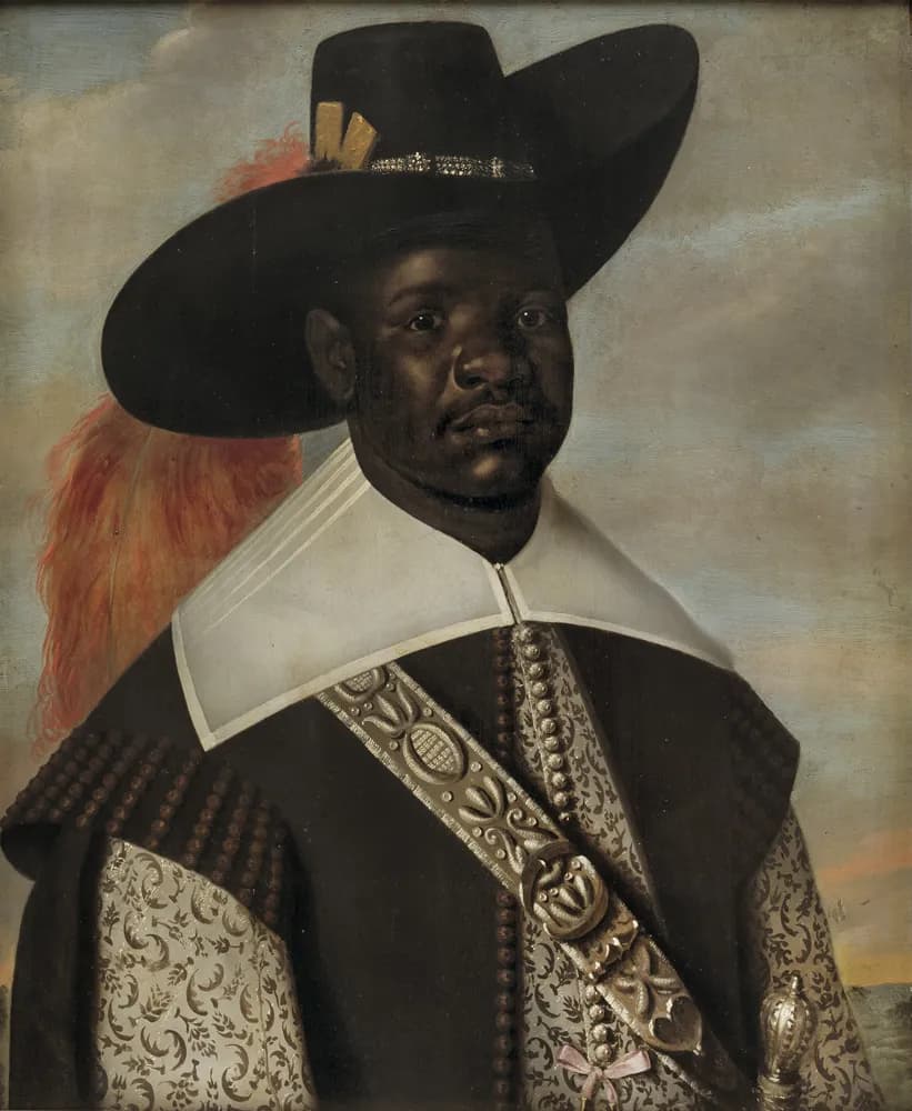 Oil portrait of a Black man in a broad-brimmed black hat with a red plume, a wide white collar, a dark jacket over a patterned silver shirt and an ornate sword belt.