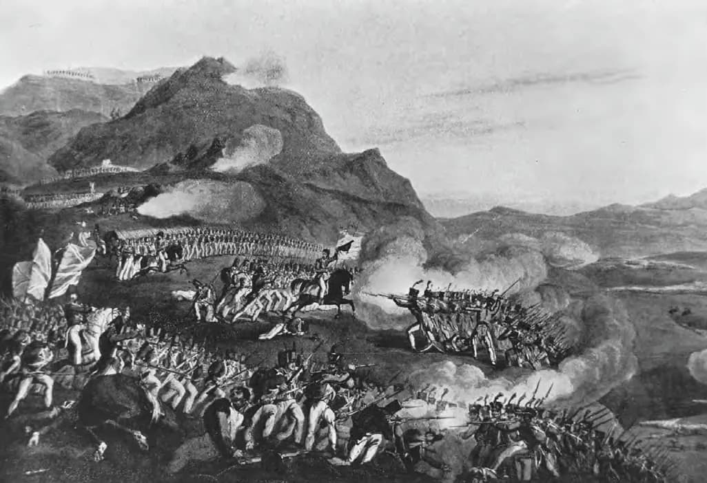 A black-and-white print of a battle on a mountainside: lines of infantry fire volleys through clouds of smoke while officers on horseback ride among them and flags fly on the left.
