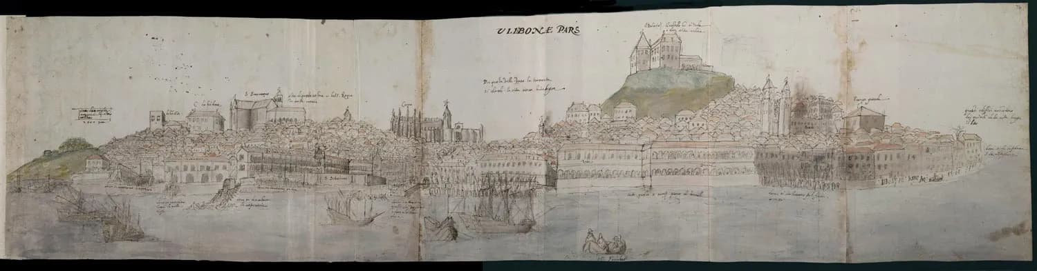 A long panoramic ink and wash drawing of a city along a river, with sailing ships in the foreground, a long arcaded palace on the waterfront, churches on the slopes and a castle on a hill, annotated in handwriting and titled Ulibonae pars.