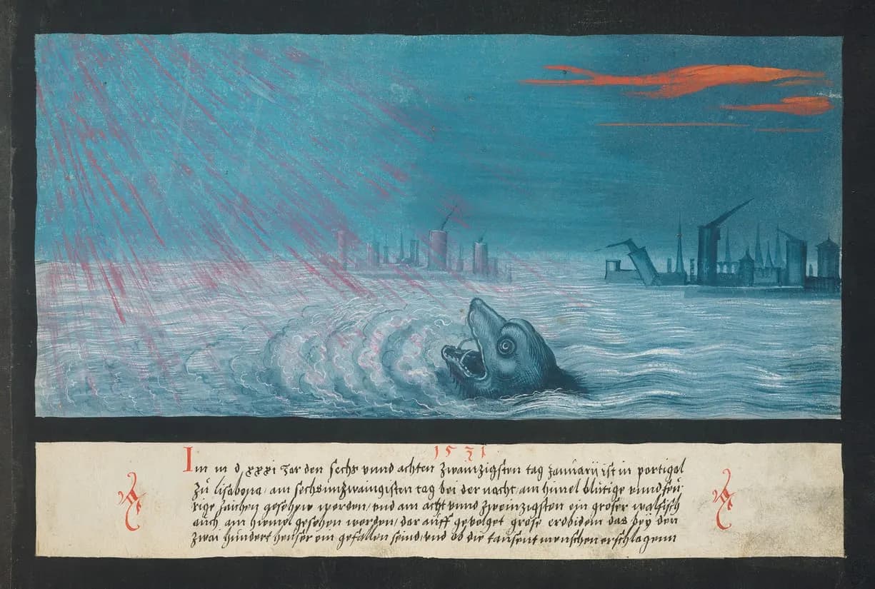 A painted scene of a stormy blue sea with a large whale-like monster rearing out of the waves. Red streaks pour down from the sky on the left and red clouds hang on the right, above two cities whose towers are toppling. Below, a handwritten German caption headed 1531.