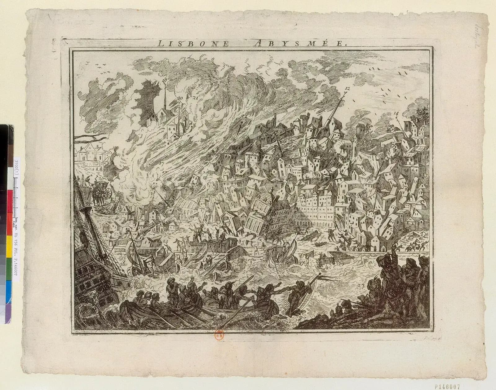 Black-and-white engraving titled Lisbone Abysmée: a city of tall, pointed-roofed houses tilts and collapses into churning water under billowing smoke and flames, while ships founder and people in small boats wave their arms in the foreground.