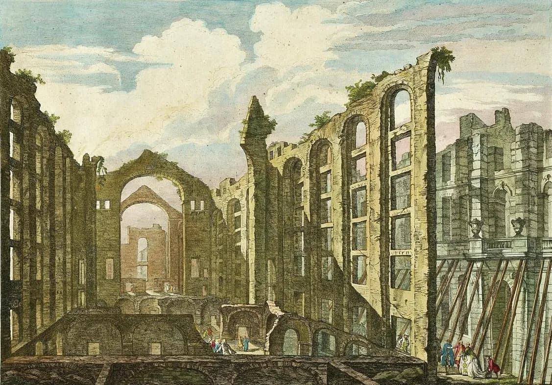 Hand-coloured engraving of a huge roofless building: tall walls pierced by rows of empty arched windows, a broken arch at the far end, plants growing on the wall tops, and timber props shoring up a façade on the right.