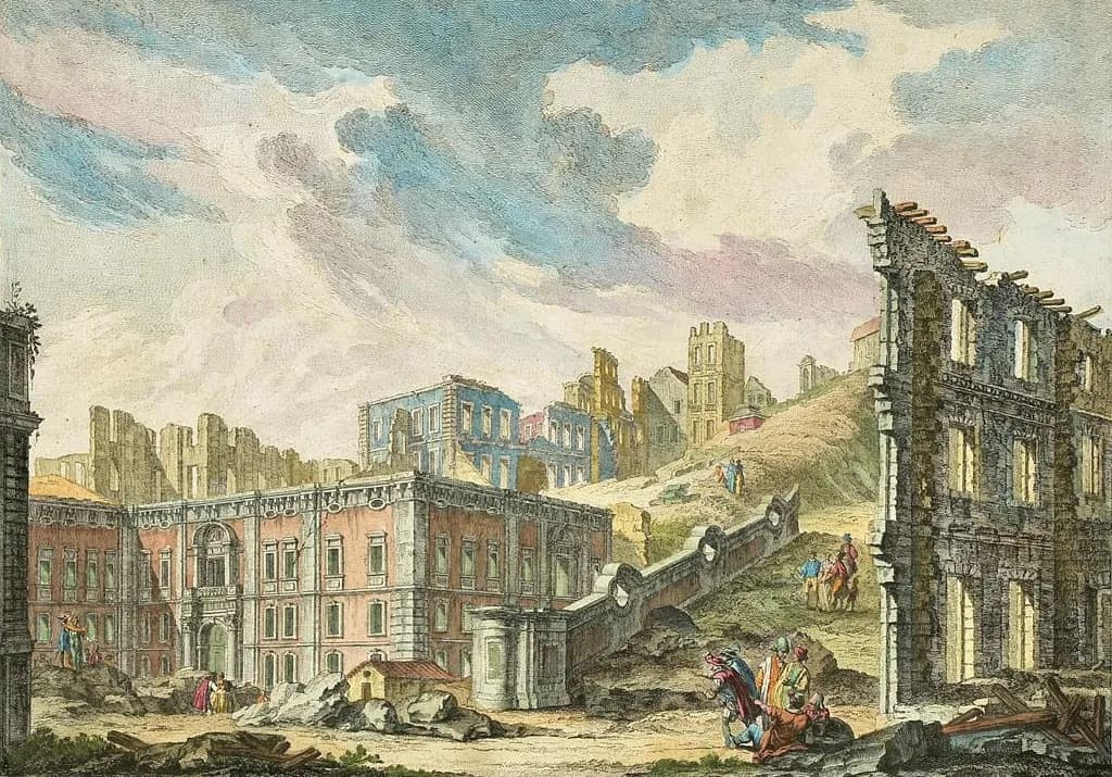 Hand-coloured engraving of a ruined square: a pink palace still standing on the left, roofless shells of buildings on a hillside behind, a broken wall in the right foreground and small groups of people picking through the rubble.