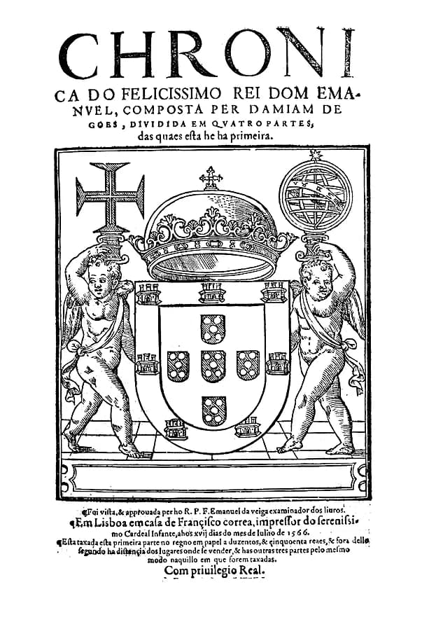 Printed title page with large capitals reading Chronica do felicissimo rei Dom Emanuel above a woodcut of the Portuguese royal arms under a crown, held by two cherubs carrying a cross and an armillary sphere.