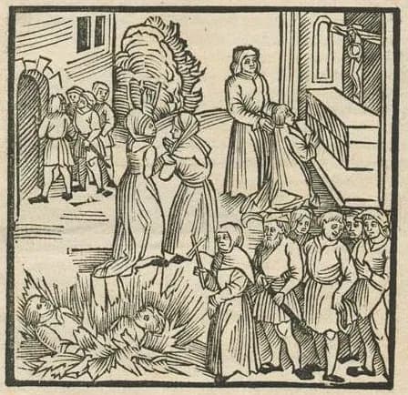 Woodcut in black and white: at upper right a crucifix hangs over an altar in a church; at upper left men gather at an arched doorway; in the centre two women stand facing each other; at bottom right a friar holding a cross leads a group of men; at bottom left two bodies lie in flames.