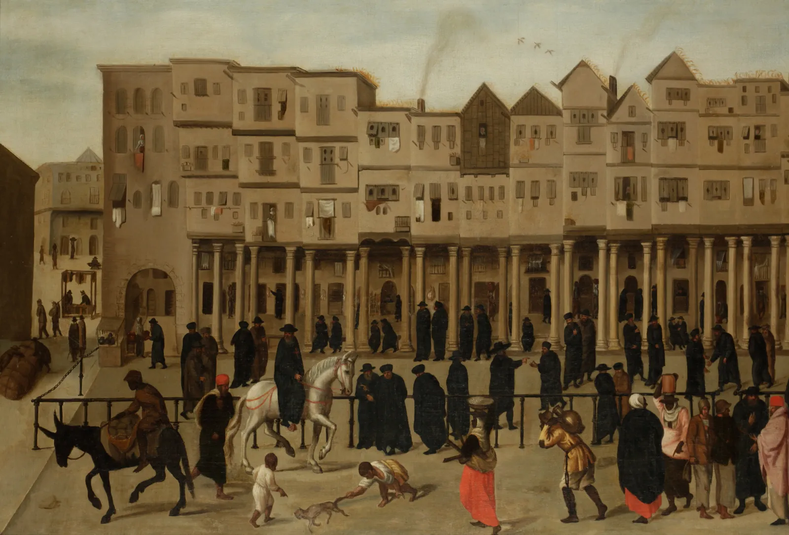 Painting of a city street: a row of tall, many-windowed houses above an arcade of slender columns, with men in long black cloaks and hats, a rider on a white horse, a man on a donkey, Black porters and water carriers, and a small animal in the foreground.