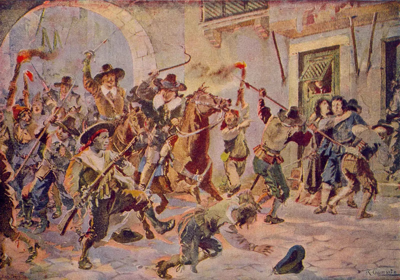 A colour illustration of a night-time street brawl: men in seventeenth-century hats and cloaks, some on horseback, wave swords, whips and torches and drive back townspeople at a doorway, while a man lies sprawled on the cobbles.