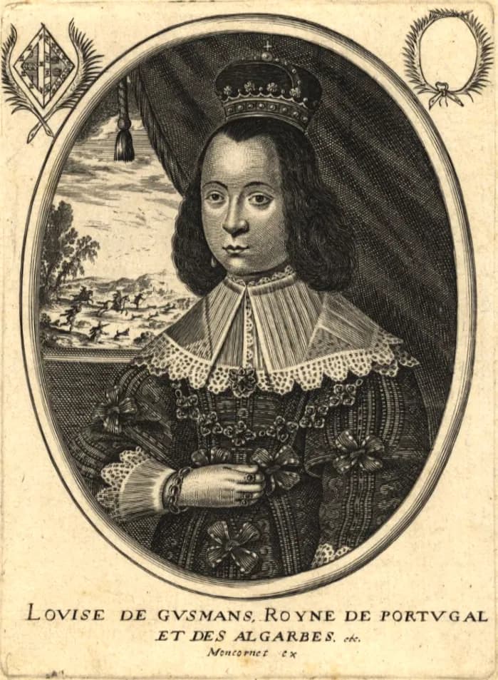 An engraved oval portrait of a woman wearing a crown, with shoulder-length dark hair, a wide lace collar and a dress decorated with bows. Behind her a curtain is drawn back on a landscape with riders and dogs. Below, the inscription reads Lovise de Gusmans, Royne de Portugal et des Algarbes.