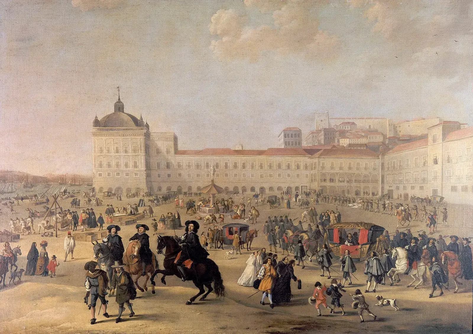 A painting of a wide, sunlit square crowded with people: horsemen in black hats, coaches, soldiers with pikes, porters and children with a dog. Behind them stands a long pale palace with a domed corner tower beside the river, where ships ride at anchor, and houses climb a hill to the right.