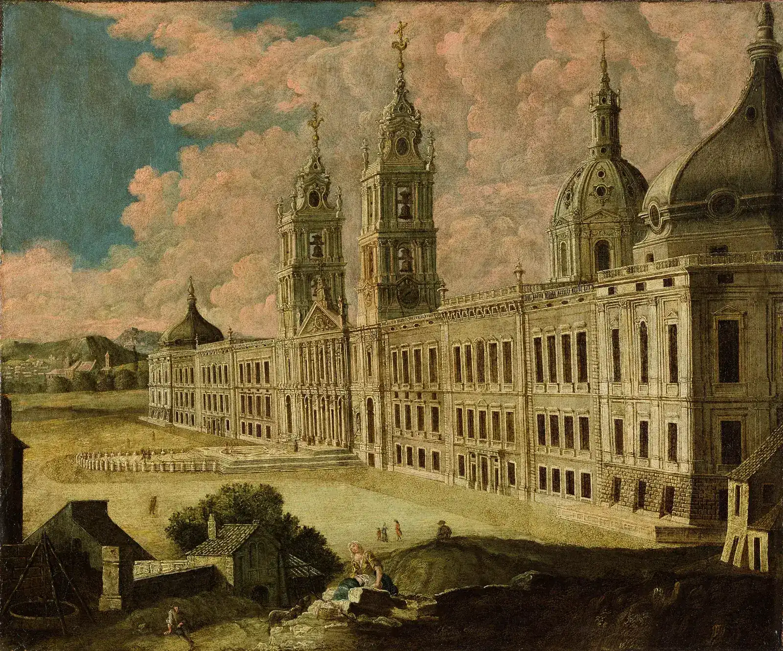 An oil painting of a vast pale stone building under pink clouds. Two tall bell towers frame a church front in the middle of a long façade, a large dome topped by a lantern rises behind, and long rows of windows run out to a pavilion with a dark dome at the far left and a massive domed pavilion at the near right corner. Small figures and rustic cottages fill the foreground.
