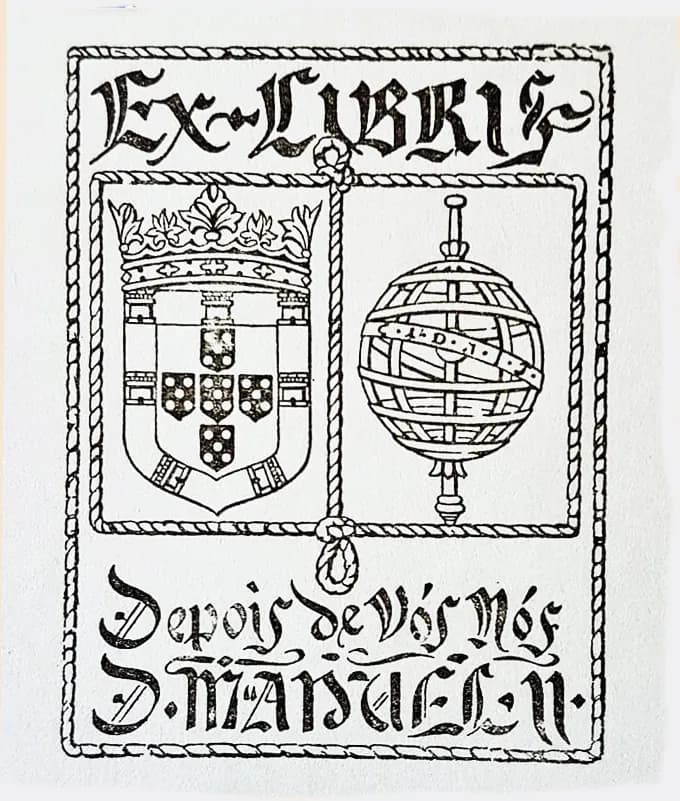 A black and white bookplate inside a rope-patterned border. Under the words Ex-Libris in Gothic letters, the crowned shield of Portugal stands beside an armillary emblem; below it reads Depois de Vós Nós, D. Manuel II.