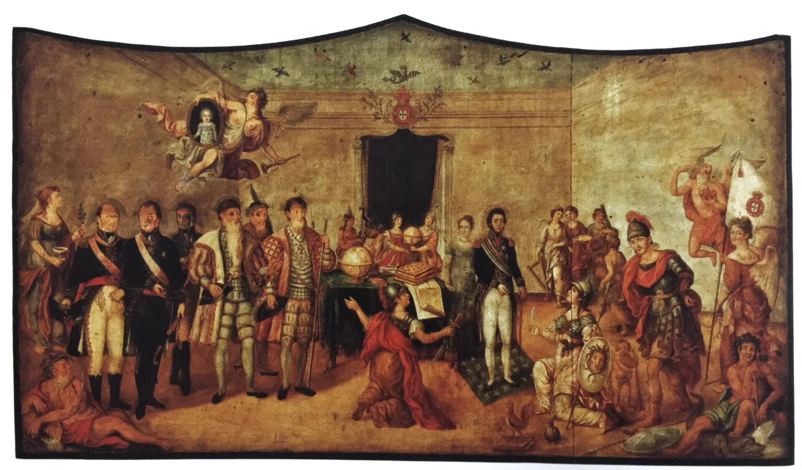 A long painted panel with a curved top shows a hall full of figures: men in early nineteenth-century uniforms and in sixteenth-century armour and costume, helmeted goddesses, a river god and putti. Above them on the left a winged figure flies with a medallion holding the portrait of a baby.