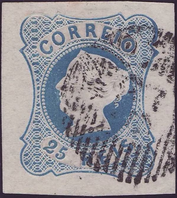A used blue postage stamp with an embossed white profile of a woman's head in a central oval, framed by the word Correio above and 25 Reis below, partly covered by a black grid cancellation.