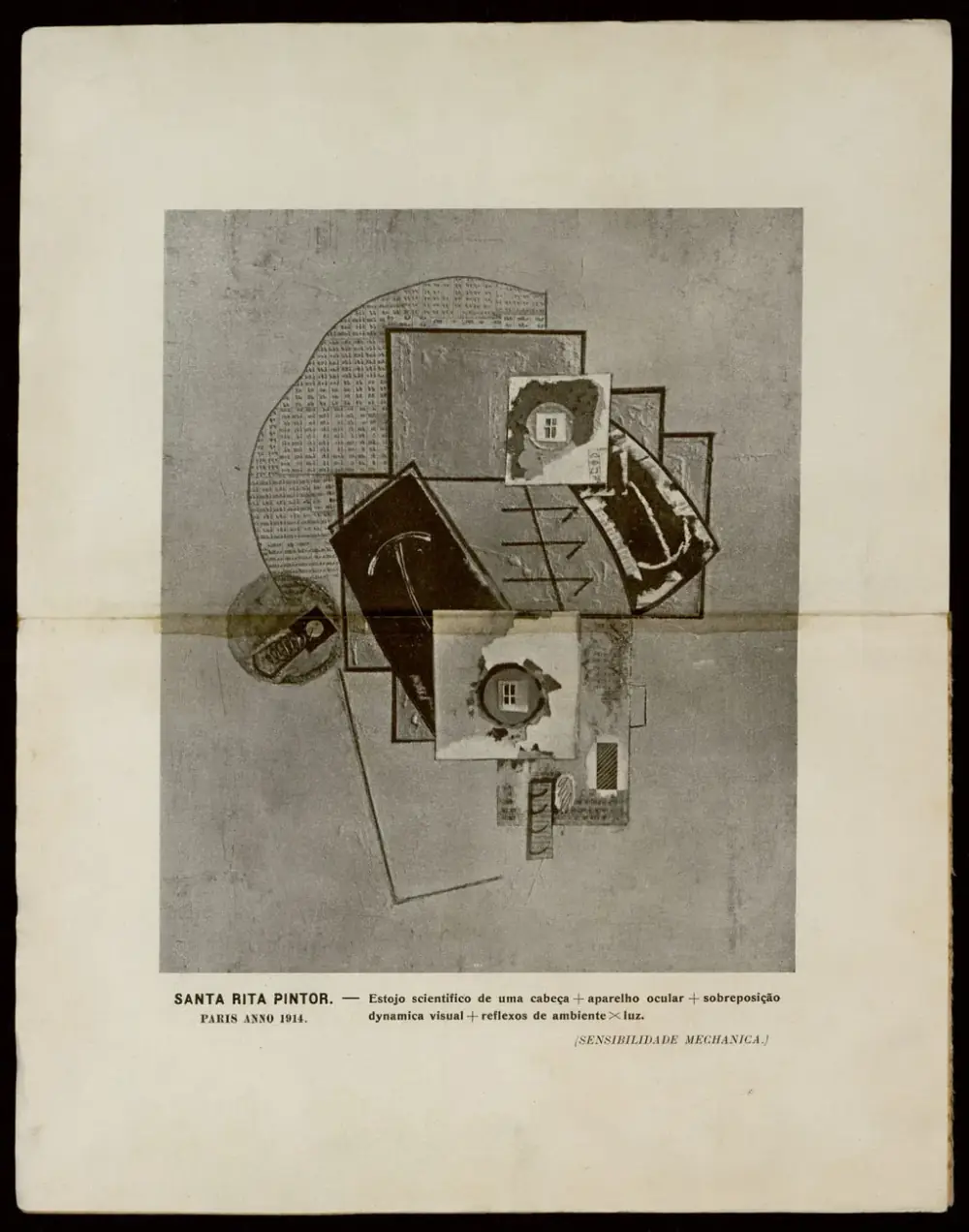 A magazine plate reproducing an abstract collage of overlapping rectangles, circles and patterned paper, with two small window shapes, above a printed caption naming Santa Rita Pintor, Paris, 1914.
