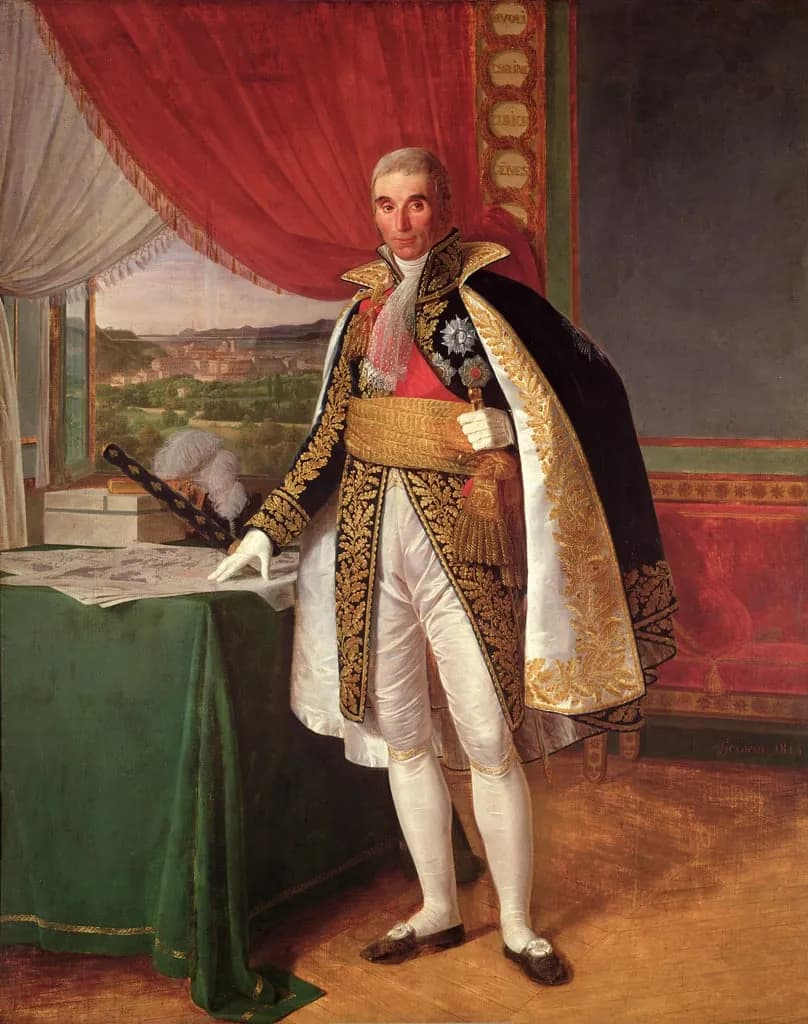 Full-length portrait of a grey-haired man in a dark marshal's coat thickly embroidered with gold, a white-lined cape and white breeches, resting one gloved hand on a map spread over a green-covered table. A window behind him shows a town on a hillside.