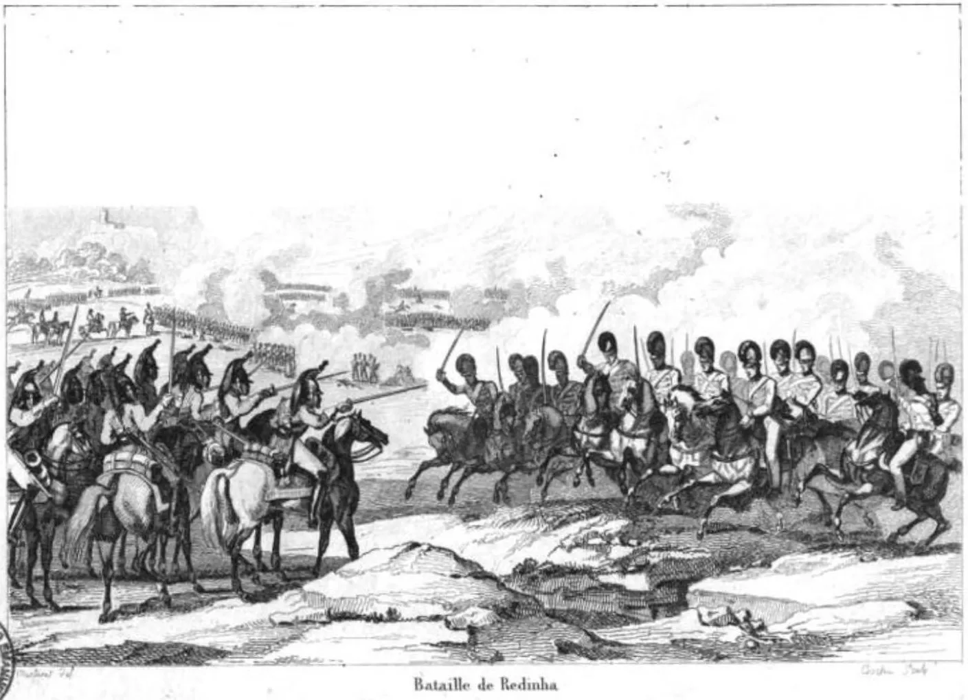 A black-and-white print of two lines of cavalrymen charging each other with raised sabres, those on the left in crested helmets and those on the right in tall bearskin-style caps, with lines of infantry and smoke on the hills behind.