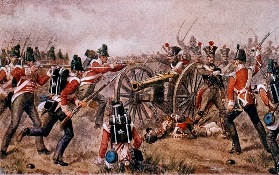 A painting of British infantry in red coats and black shakos rushing at a brass field gun on its carriage, fighting French soldiers in dark uniforms beside it, with a wounded man on the ground and smoke behind.