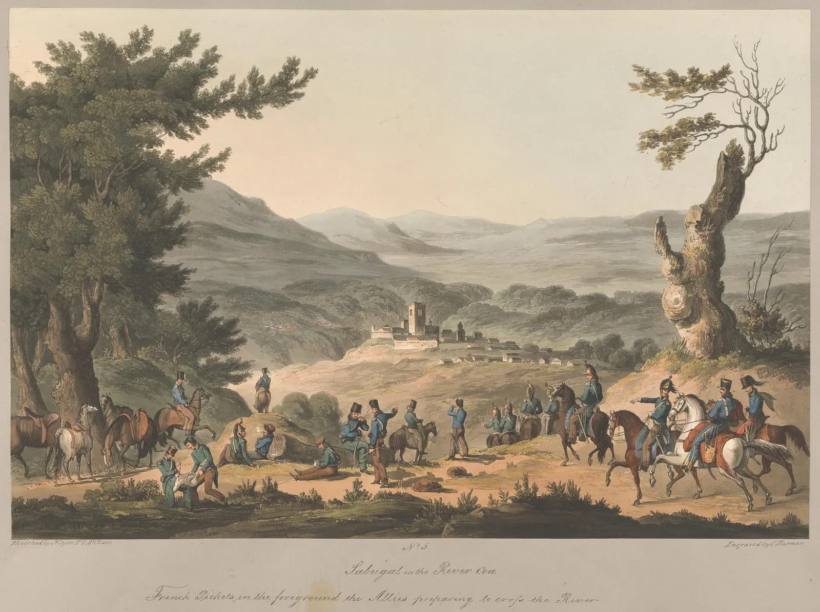 A hand-coloured print of a hilly valley with a small walled town and a square castle tower in the middle distance. In the foreground soldiers in blue rest under trees, some sitting on the ground, while a group of horsemen in tall helmets ride past on the right.
