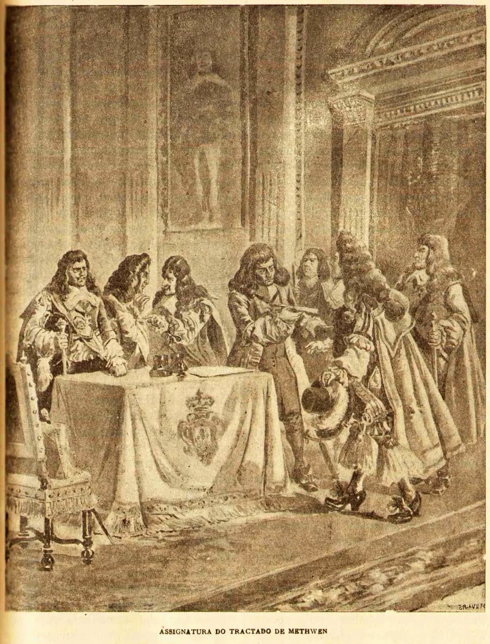 Sepia illustration of a panelled hall in which men in long wigs, lace and heavy coats gather around a table draped with a cloth bearing a coat of arms; one leans forward with a quill while another bows with his hat in hand.