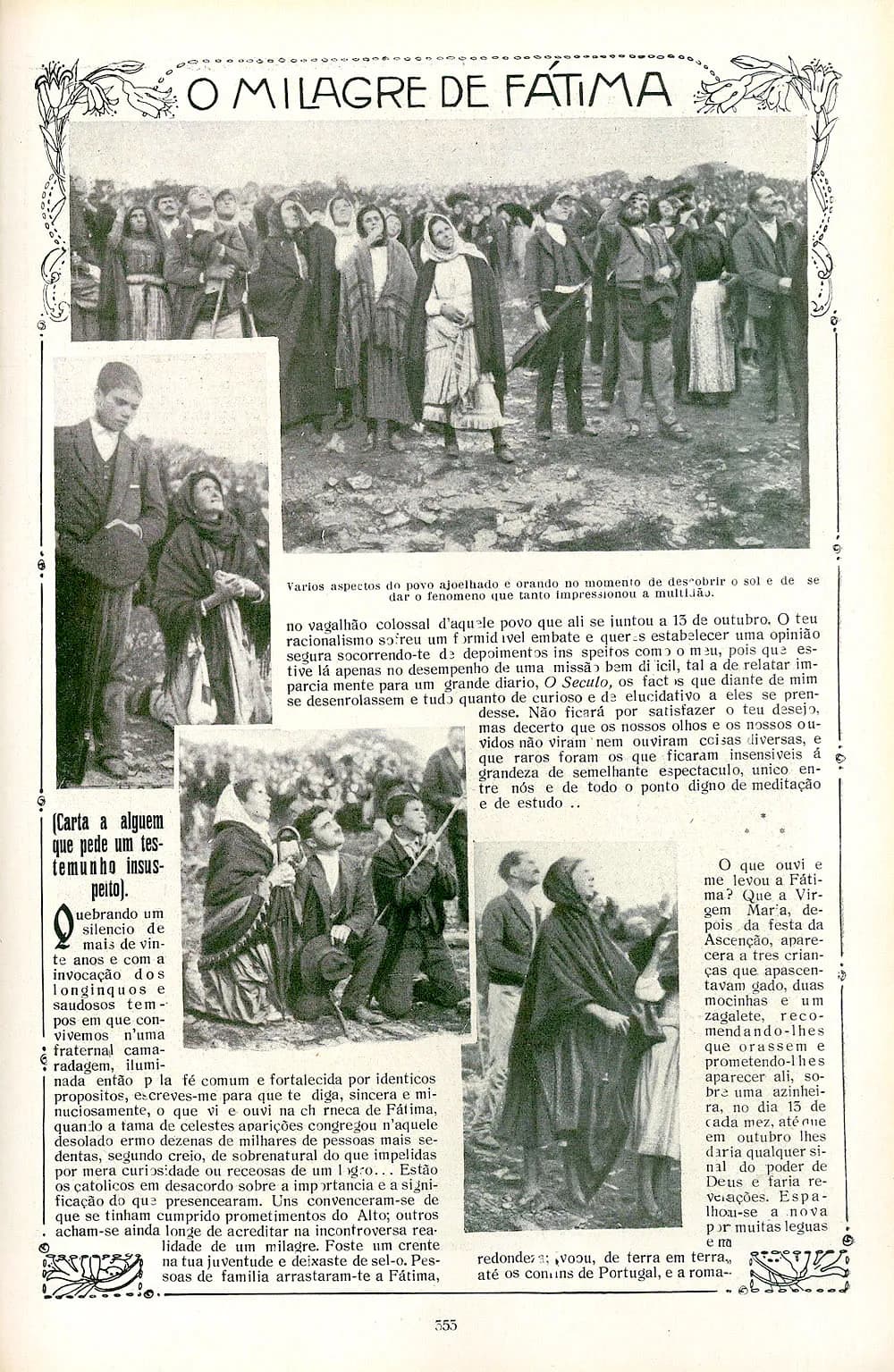 A magazine page headed O Milagre de Fátima, with four photographs of people looking up at the sky set among columns of text.