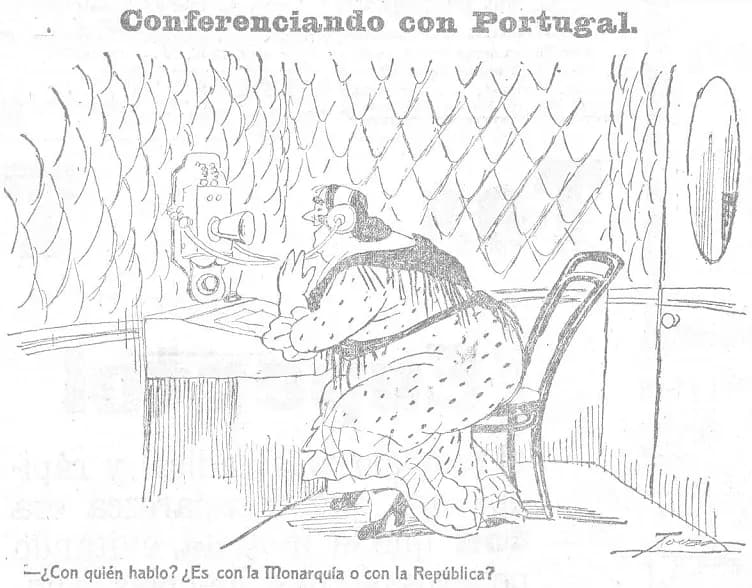 Pen drawing of a stout woman in a polka-dot dress and fringed shawl seated at a telephone, holding the earpiece and speaking into the mouthpiece in a room with scalloped wallpaper.