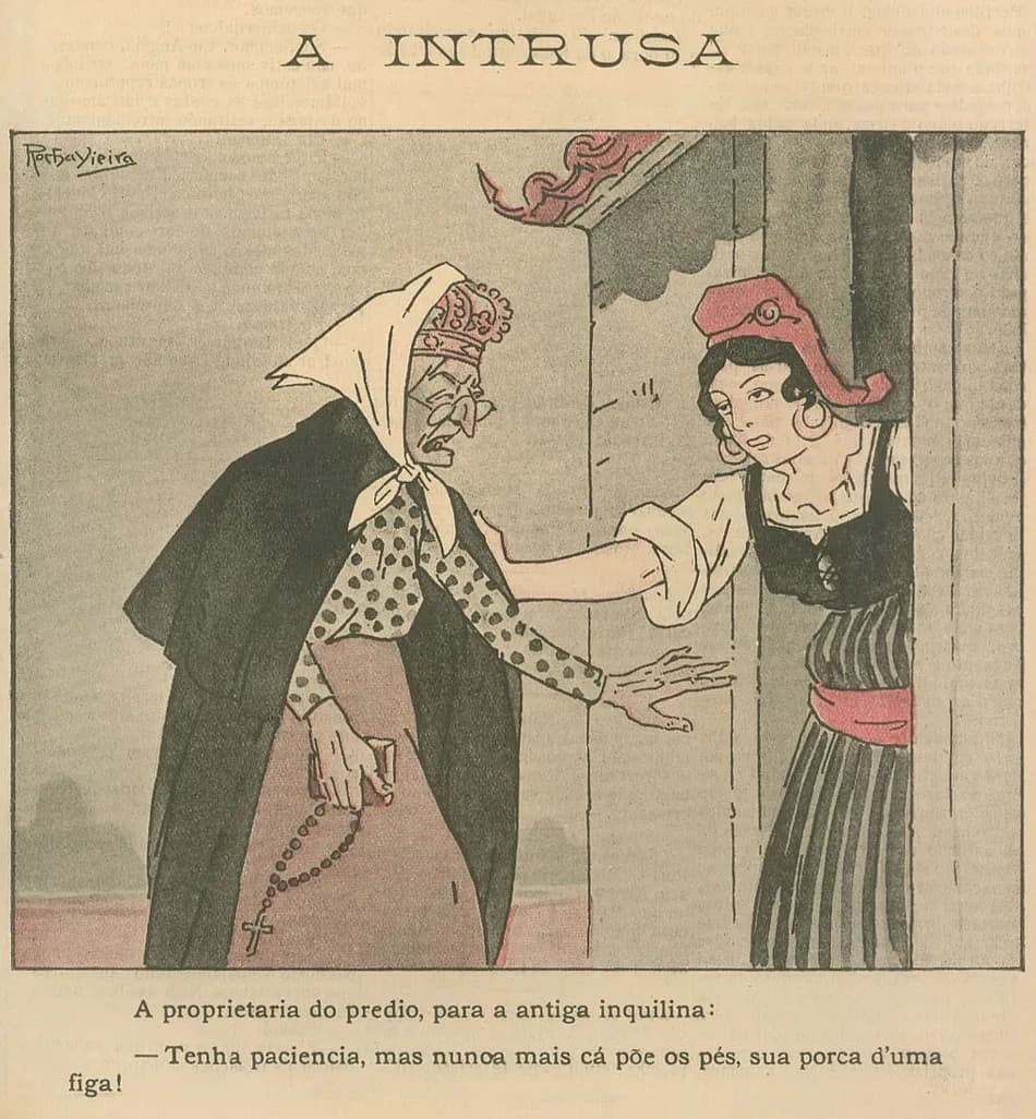 Colour cartoon of a young woman in a red Phrygian cap and striped skirt pushing an old woman away from a doorway; the old woman wears a crown under her headscarf and carries a missal and a rosary.