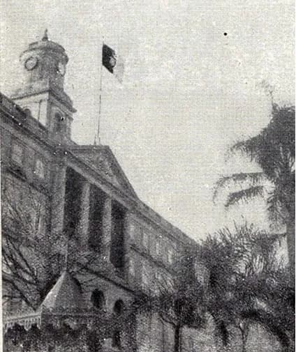 A large stone public building with a clock tower and a classical pediment, seen from below through palm trees, with a dark and light flag flying from a mast above the façade.