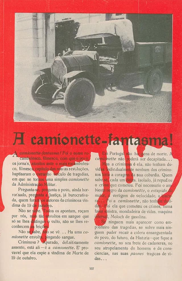 Magazine page with a photograph of a parked open-backed lorry above the headline 'A camionette-fantasma!', with red ink drawn as dripping blood across the text.
