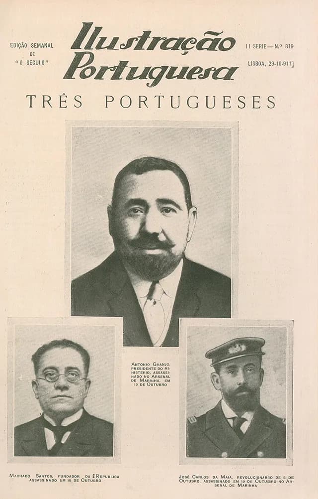 Magazine cover headed 'Três Portugueses' with three portrait photographs: a bearded man in a suit at the top, a man in round glasses at bottom left and a bearded naval officer in a peaked cap at bottom right.