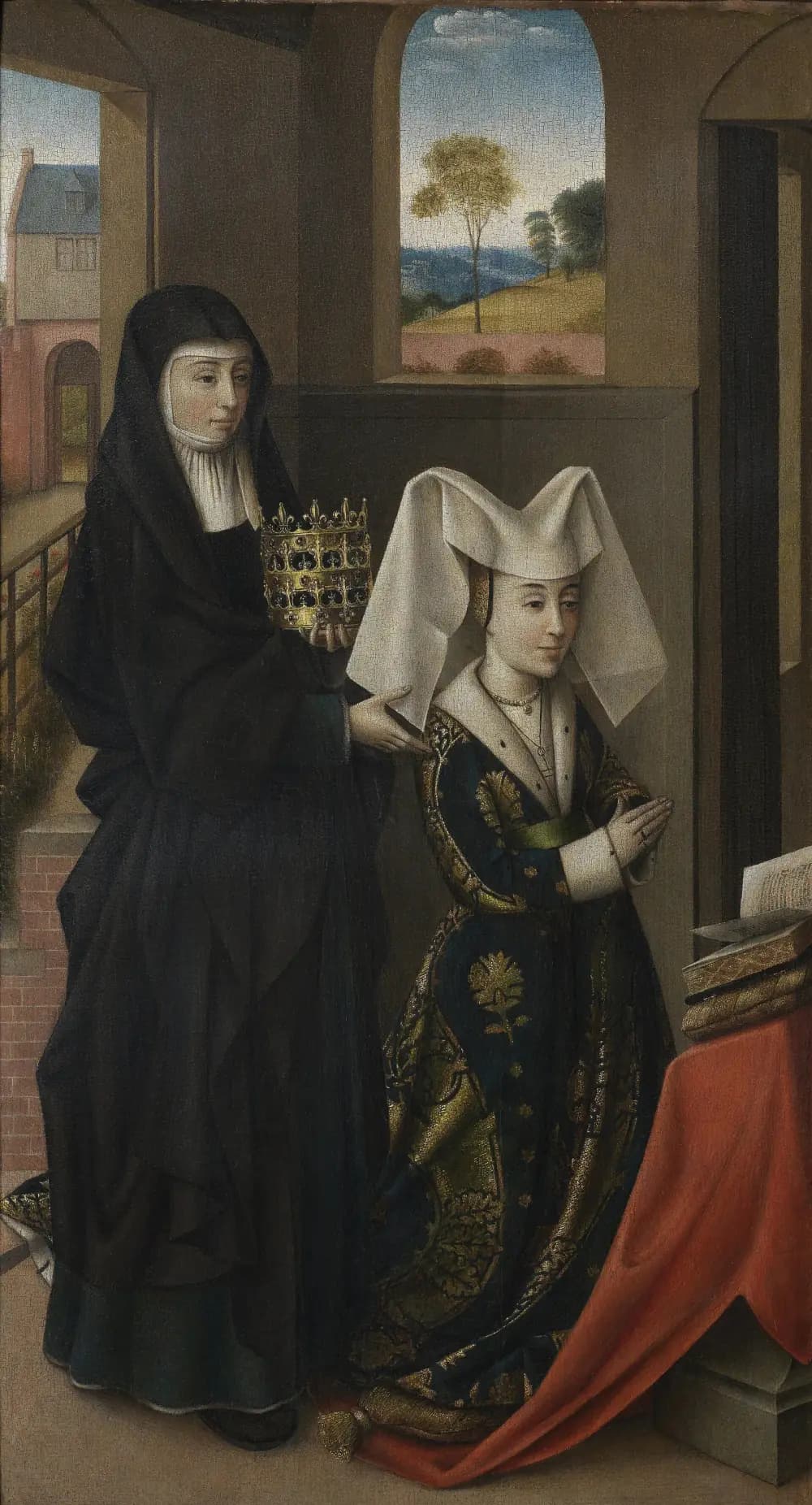 A tall narrow panel. A woman in a dark green and gold brocade gown and a white winged headdress kneels in prayer before a book on a red-draped desk. Behind her stands a woman in a black nun-like veil holding a gold crown, one hand on the kneeling woman's shoulder. A window shows green hills and trees.
