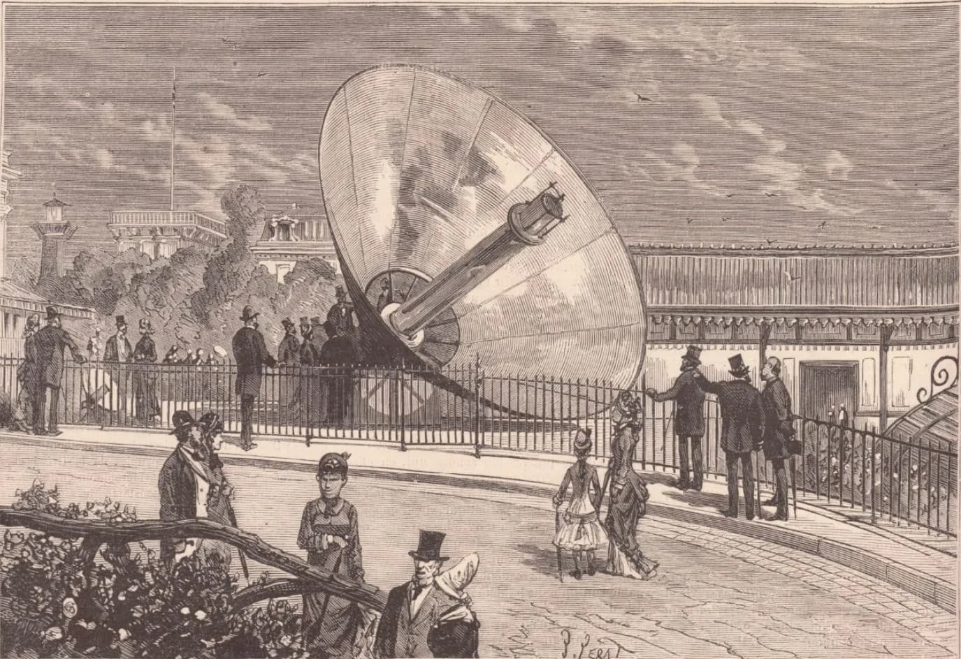 Engraving of a large cone-shaped reflector tilted towards the sky behind iron railings, with a long cylinder along its axis. Men in top hats and women in bustles stroll past and stop to look.