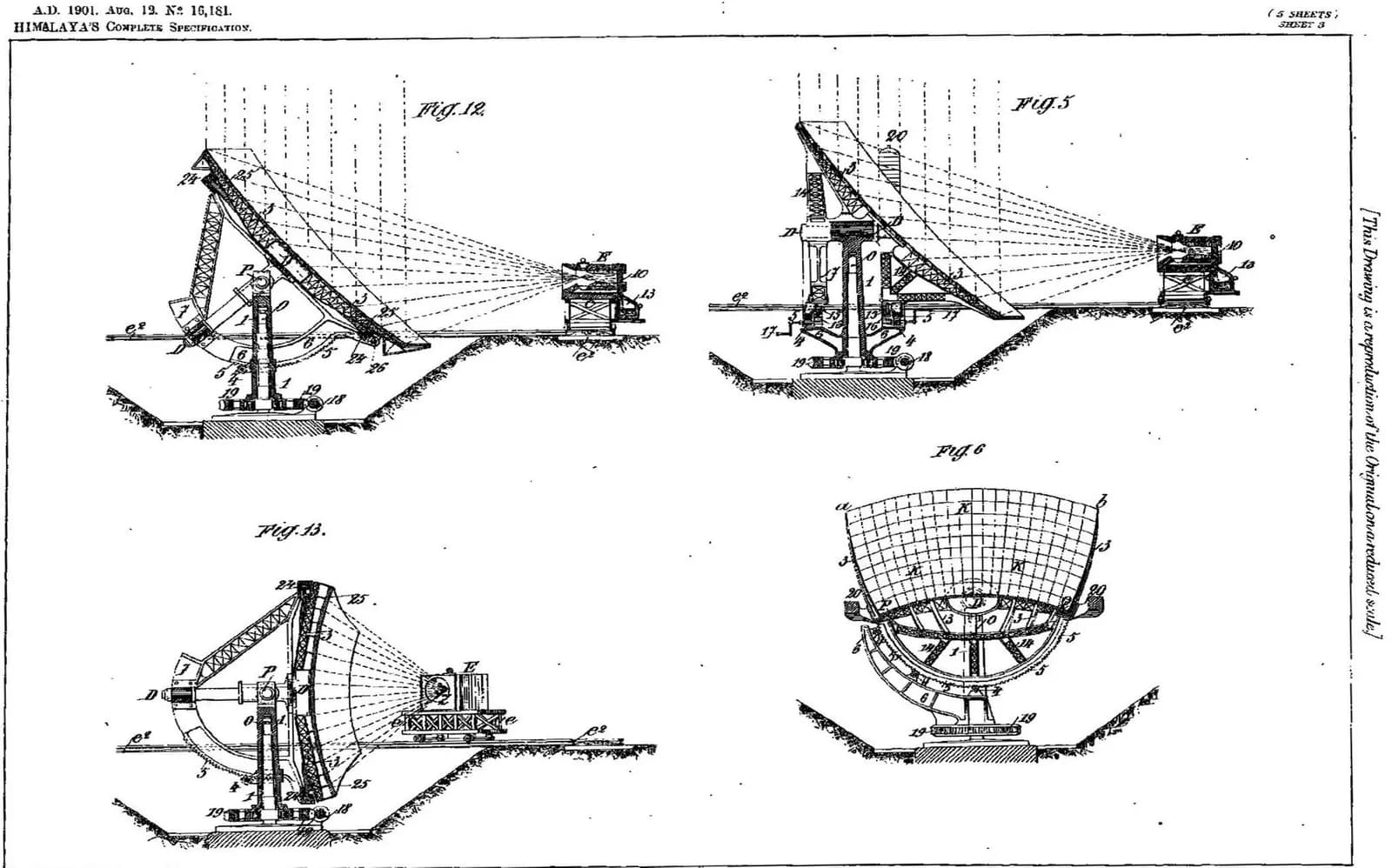 Patent sheet with four line drawings of a tilting lattice mirror on a pivoting column. Dashed lines show sunlight reflecting from the mirror into a box-shaped furnace on a small platform beside it.