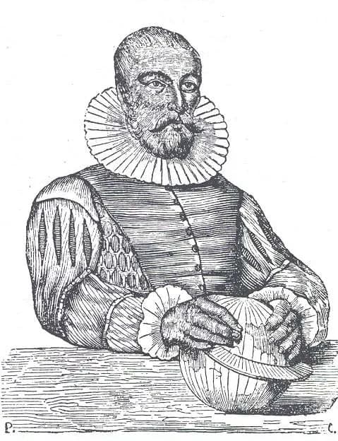 An engraving of a bearded man in a ruffed collar and a buttoned doublet, seated at a table with both hands resting on a globe.