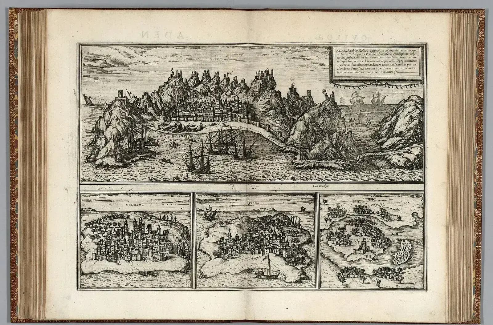 An engraved double page from an old atlas. The top panel shows a walled port town in a bay ringed by steep rocky peaks topped with towers, with sailing ships at anchor. Below are three smaller panels of island towns: Mombasa, Kilwa and Sofala.