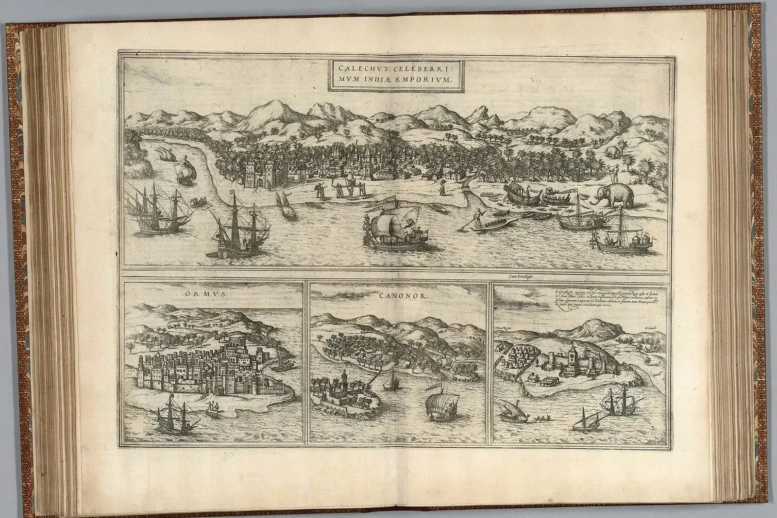 An engraved double page from an old atlas. The top panel shows a broad harbour town on a shore lined with palm trees and hills, with sailing ships, rowing boats and an elephant at the water's edge. Below are three smaller panels of walled island and coastal towns with ships.