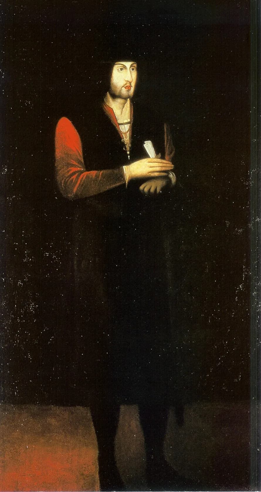 Full-length painted portrait of a pale man with a short beard and moustache, shoulder-length dark hair and a black cap, wearing a long black gown over red sleeves and holding a rolled paper, against a dark background.