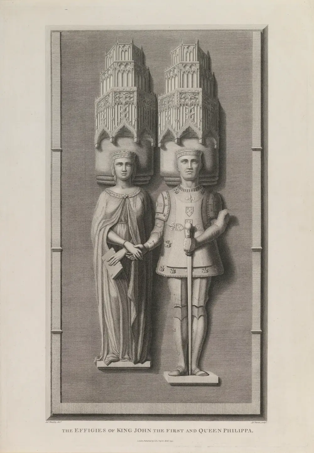 An eighteenth-century engraving of two stone effigies drawn upright, side by side: a crowned queen in a long gown holding a book in one hand, and a crowned king in armour holding a sword, their other hands joined. Tall carved canopies rise above their heads.