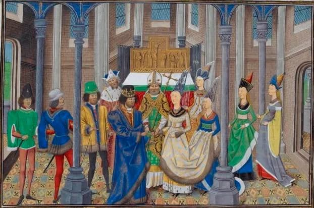 A medieval manuscript painting of a wedding in a church. A crowned king in a long blue robe joins hands with a fair-haired queen in a white and gold gown before a bishop in a mitre. Courtiers in coloured hose stand on the left and ladies in tall headdresses on the right.