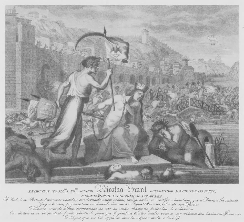 An engraving. In the foreground a crowned woman in chains sits on a quay strewn with bodies while a figure holding a scythe pushes a flag with an eagle at her. Beside her a bearded river god hides his face in his hands. Behind them, French cavalry ride along the riverside wall and a crowd struggles on a bridge. In the sky, a ram and the figures 29 and 1809. A long dedication and legend in Portuguese runs beneath.