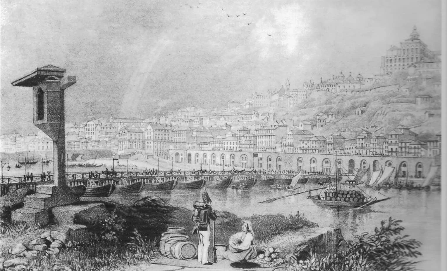 A black-and-white print of a long, low wooden bridge carried on a row of moored boats, crossing a river to a waterfront of tall houses above an arcaded quay. In the foreground a soldier with a pack and rifle stands beside a seated woman with a basket, near barrels and a stone pillar.