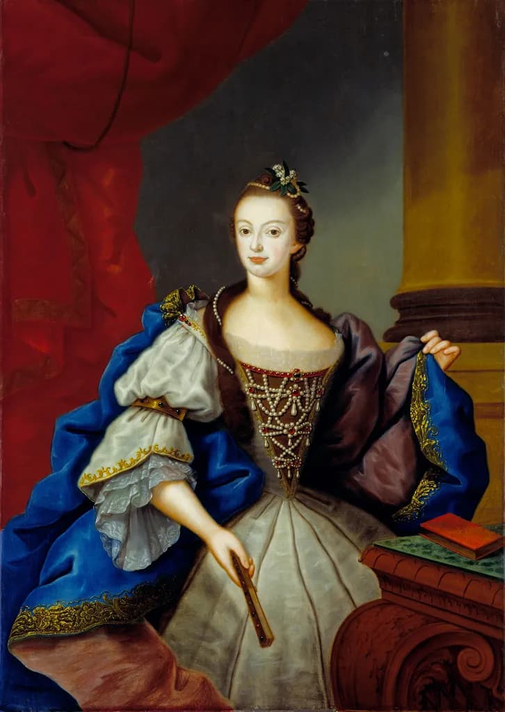 A young woman with powdered brown hair and a pearl-trimmed bodice stands before a red curtain and a column, holding a closed fan, a blue velvet cloak edged with gold over her shoulders.