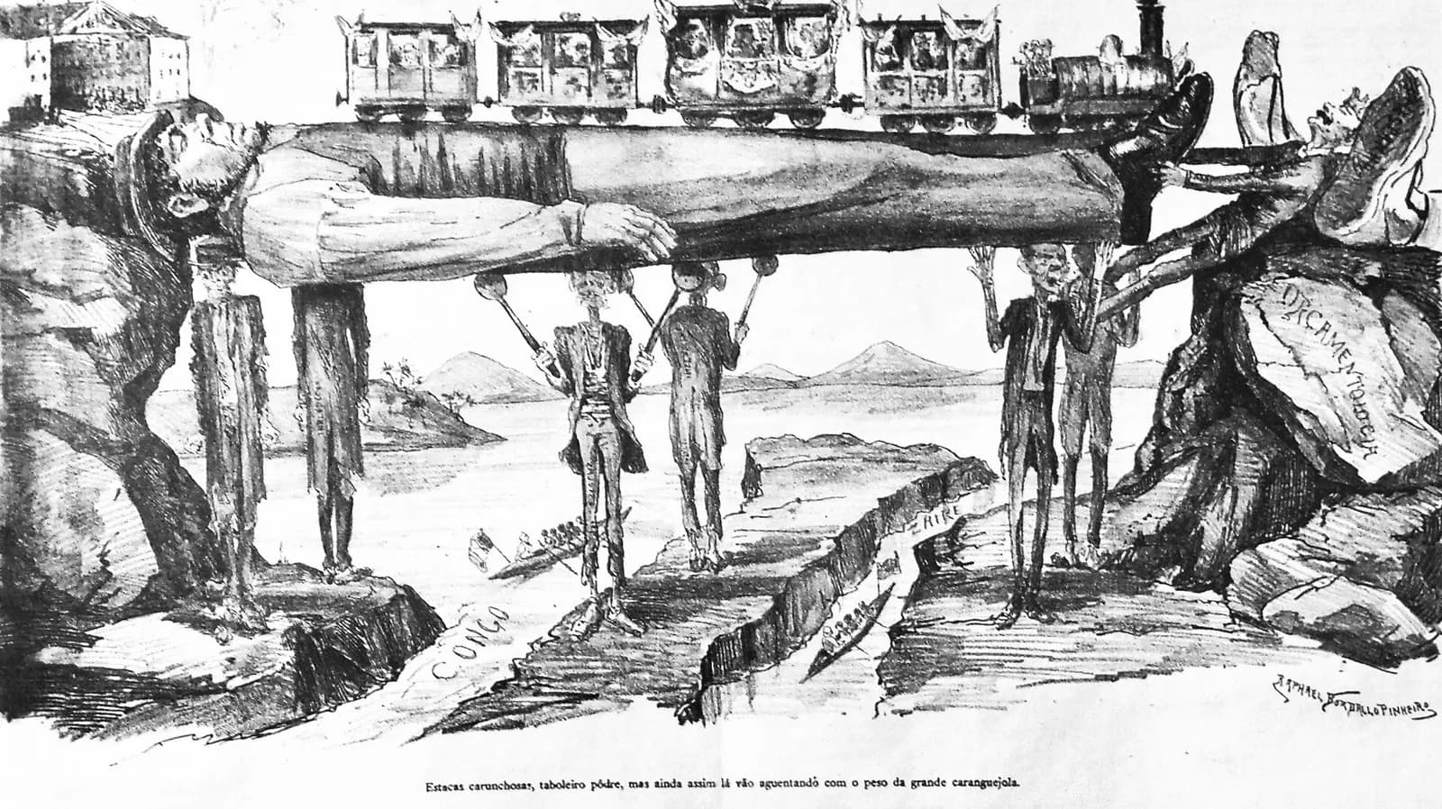 A black and white lithograph. A giant bearded man in peasant clothes lies stretched out stiff between two rocks like the deck of a bridge, with a train of carriages running along his body. Thin, ragged figures with worm-eaten legs stand underneath as piles, holding him up, and rivers labelled Congo and Zaire run below.