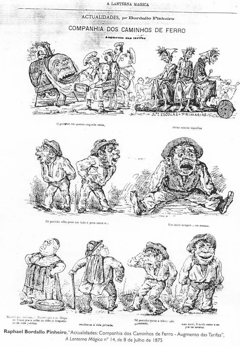 A newspaper page of pen cartoons in three rows. At the top, railway officials stoke a fat engine labelled tariffs while three skeletal old women sit on a cart marked primary schools. Below, a stocky peasant in a hat looks one way and the other, then sits down hard on the ground with his mouth open.
