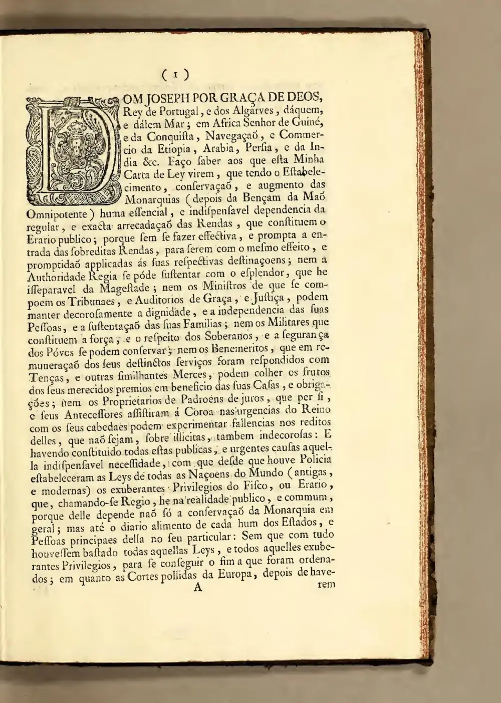 A printed page of eighteenth-century Portuguese text, beginning with a large ornamental letter D framing a crowned royal coat of arms, followed by the words Dom Joseph por graça de Deos, Rey de Portugal.