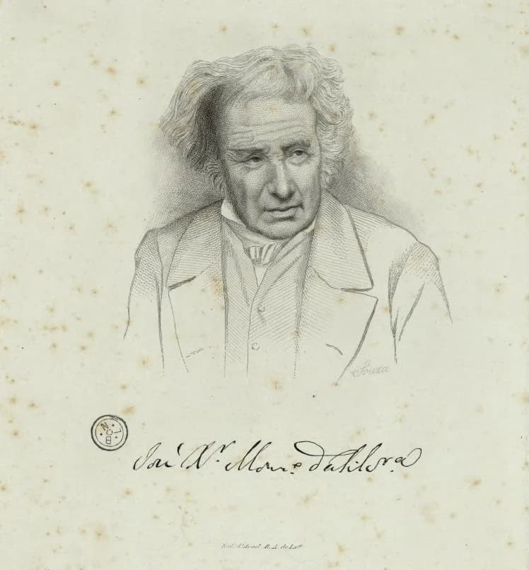 An engraved head-and-shoulders portrait of an elderly man with untidy white hair, a high collar and a coat, with a handwritten signature below.