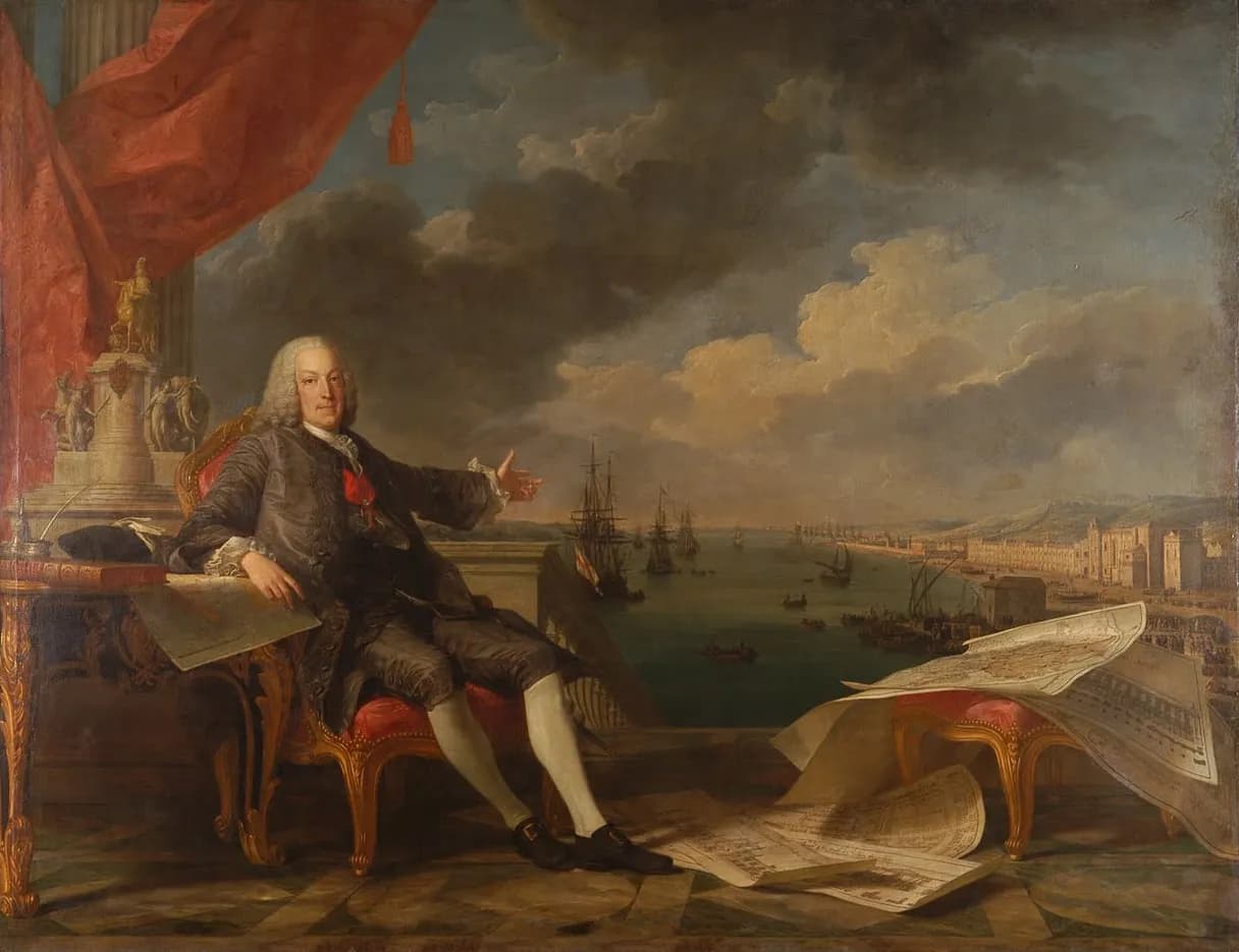 A man in a powdered wig and a dark silk suit sits in a gilded red armchair on a terrace, one arm stretched towards a harbour full of sailing ships and a long waterfront of new buildings. Large plans lie on the floor and on a stool beside him.