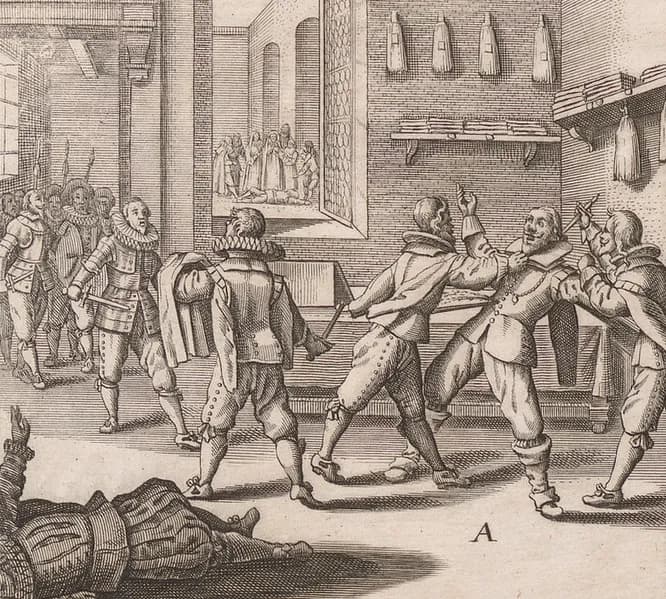 An engraving of a room with shelves of papers. Armed men in ruffs seize a man by the collar while others raise daggers, a body lies on the floor in the foreground, and through a window in the back wall a small group of women and men looks on.
