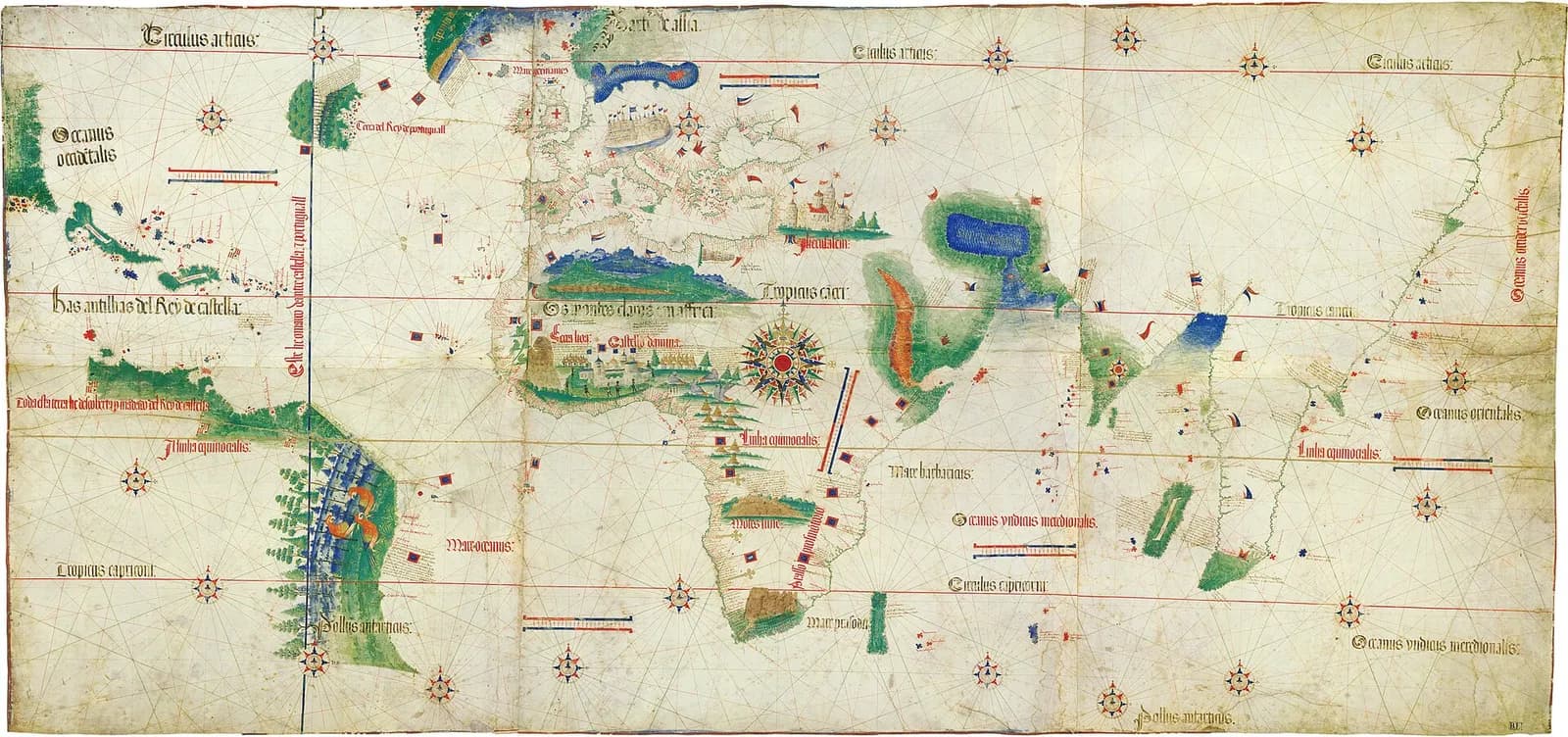 A hand-drawn world chart on parchment criss-crossed by compass lines. Africa sits in the centre, its coast lined with flags and small castles; a vertical blue line runs down through the Atlantic on the left, and Asia and the Indian Ocean stretch away to the right.