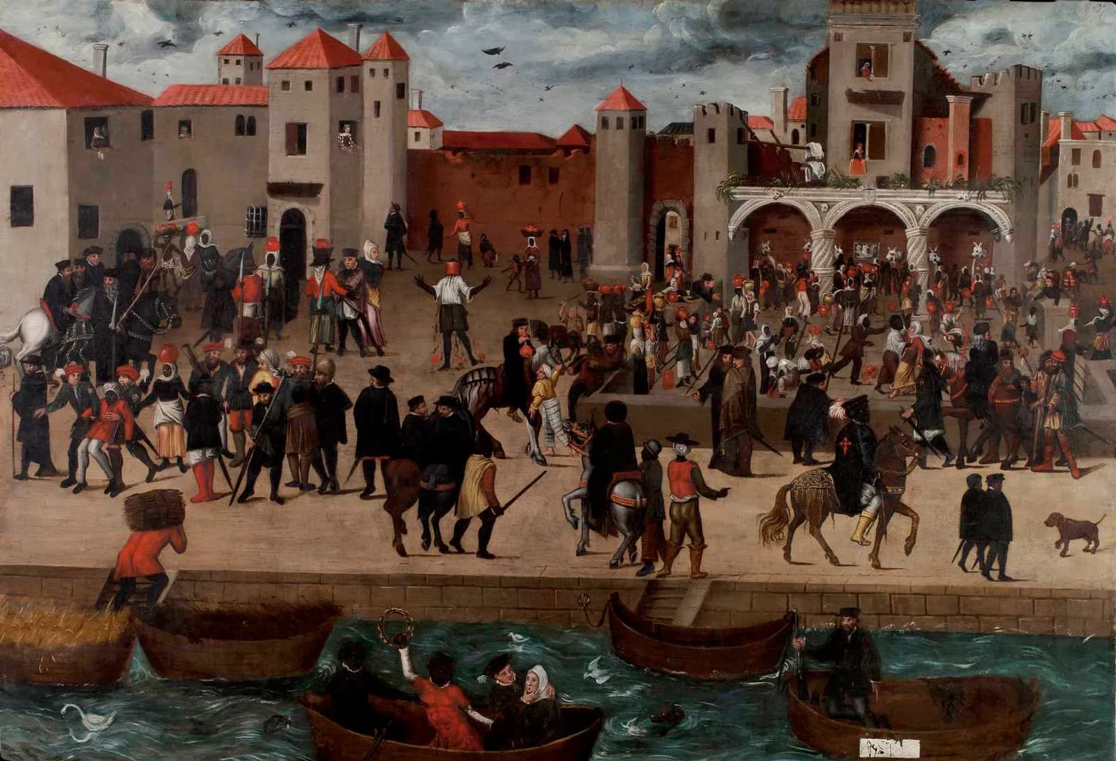 A crowded painted street scene on a Lisbon waterfront. Black and white men and women fill water jars at an arcaded fountain, carry loads on their heads and dance, while gentlemen in black cloaks ride past; small boats float on the river in the foreground.